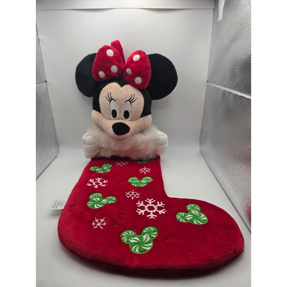 Disney Store Minnie Mouse Plush Christmas Stocking Red Peppermint Snowflake 24"